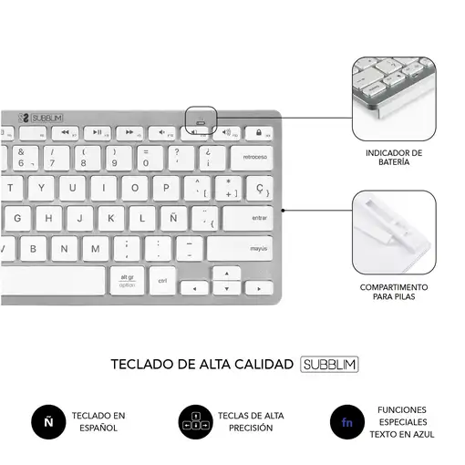 Teclado Con Ratón Bluetooth + 2.4G Combo Multidispositivo Compacto  Blanco Plata