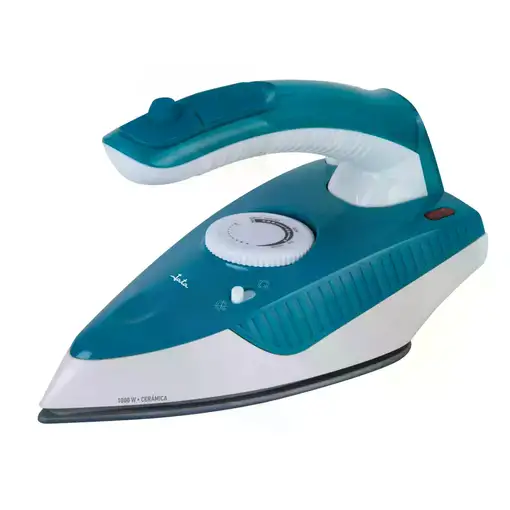 Plancha de vapor de viaje JATA JEPL2810. Suela cerámica. Mango abatible. Bitensión