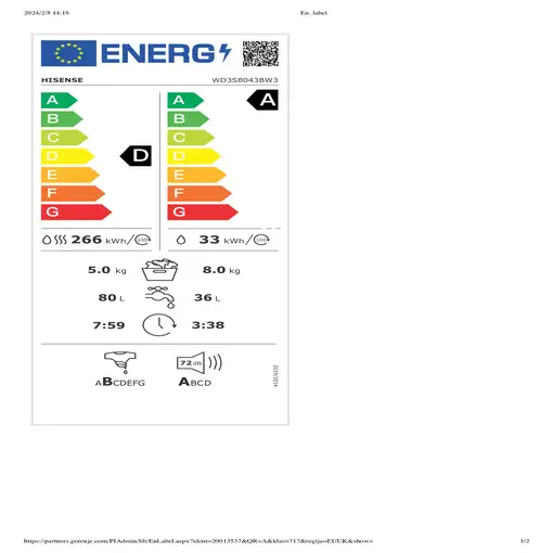 Hisense WD3S8043BT3 lavadora-secadora Independiente Carga frontal Titanio D