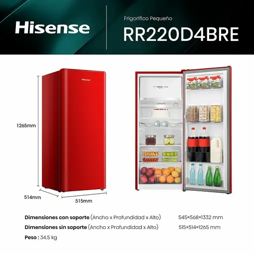 Hisense RR220D4BRE nevera combi Independiente 165 L E Rojo