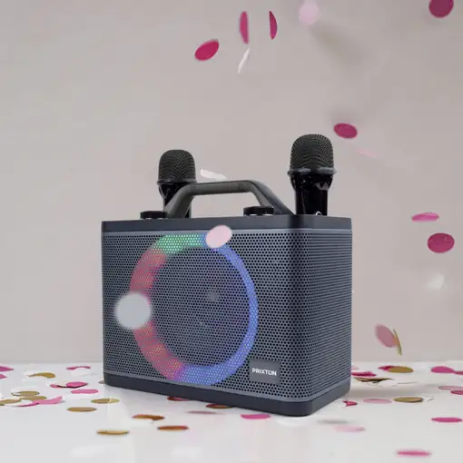 Karaoke Portátil PartyGo PRIXTON - 2 Micrófonos - Bluetooth, USB, Aux - Luz LED