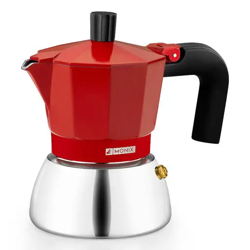 Cafetera Italiana roja Induction inox, tecnologia Bi-clad, mango termoresistente, apta para todo tipo de cocinas MONIX, 3 tazas
