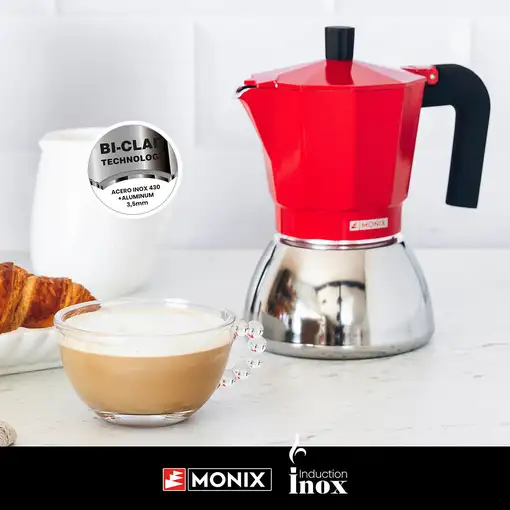 Cafetera Italiana roja Induction inox, tecnologia Bi-clad, mango termoresistente, apta para todo tipo de cocinas MONIX, 3 tazas