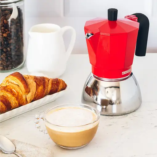 Cafetera Italiana roja Induction inox, tecnologia Bi-clad, mango termoresistente, apta para todo tipo de cocinas MONIX, 3 tazas