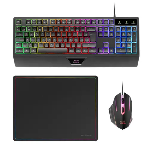 Mars Gaming MCP124, Combo Gaming 3en1, Teclado Ergonómico H-Mech LED RGB, Ratón RG