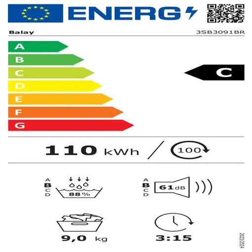 Secadora blanca con bomba de calor, 9 kg, 3SB3091BR BALAY