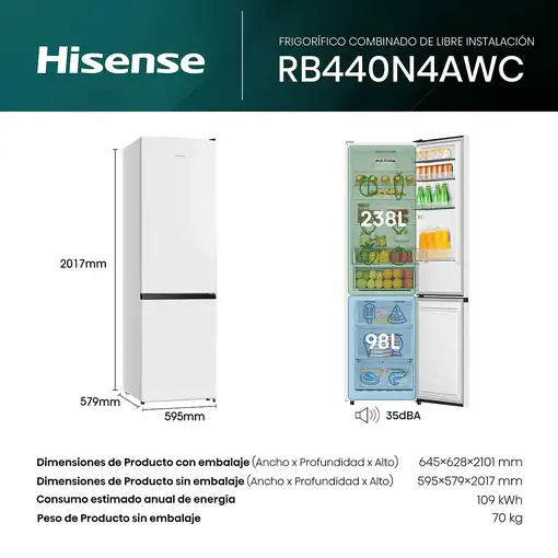 Frigoríficos сombis Independiente 336 L Blanco RB440N4AWC HISENSE