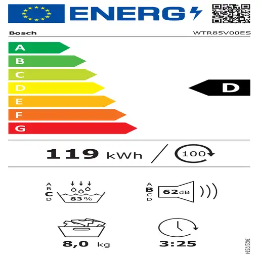 Secadora blanca con bomba de calor, 8 kg, WTR85V00ES BOSCH