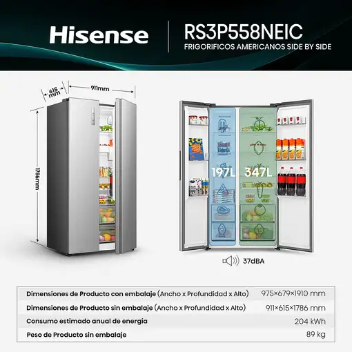 Hisense RS3P558NEIC nevera puerta lado a lado Independiente 544 L Acero inoxidable