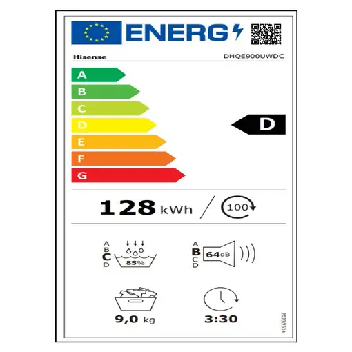 Hisense DHQE900UWDC secadora Independiente Carga frontal 9 kg Blanco