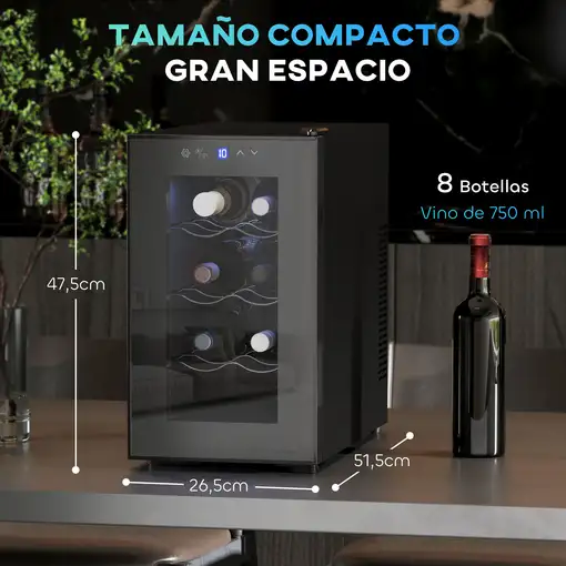 Vinoteca 8 Botellas Temperatura Ajustable 8-18℃ Negro HOMCOM