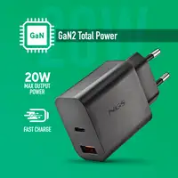 NGS ERA 20W: Cargador GaN de pared universal de 20W. 2 Puertos: USB-C + USB-A.