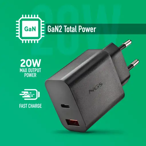 NGS ERA 20W: Cargador GaN de pared universal de 20W. 2 Puertos: USB-C + USB-A.