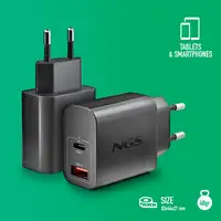 NGS ERA 20W: Cargador GaN de pared universal de 20W. 2 Puertos: USB-C + USB-A.