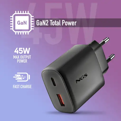 NGS ERA 45W BLACK:  Cargador GaN de pared con una salida USB-C (PD & PPS)