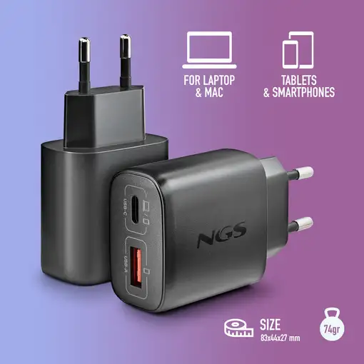 NGS ERA 45W BLACK:  Cargador GaN de pared con una salida USB-C (PD & PPS)