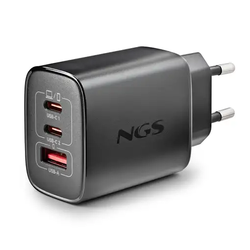 NGS ERA 65W: Cargador GaN  universal de 65W con 3 Puertos: 2x USB-C + USB-A.
