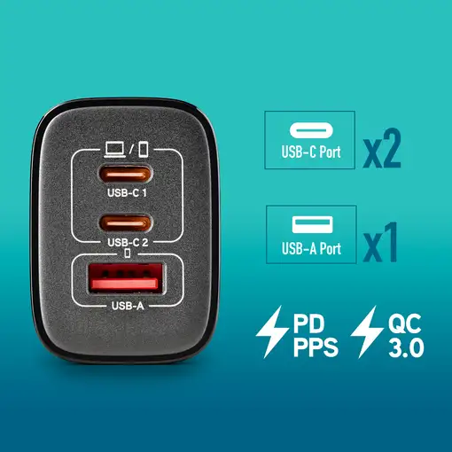NGS ERA 65W: Cargador GaN  universal de 65W con 3 Puertos: 2x USB-C + USB-A.