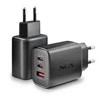 NGS ERA 65W: Cargador GaN  universal de 65W con 3 Puertos: 2x USB-C + USB-A.