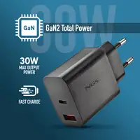 NGS ERA 30W BLACK: Cargador GaN de pared universal de 30W. Puertos: USB-C+USB-A.
