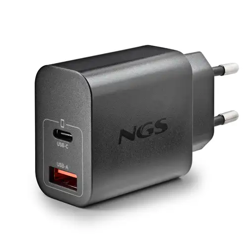 NGS ERA 30W BLACK: Cargador GaN de pared universal de 30W. Puertos: USB-C+USB-A.