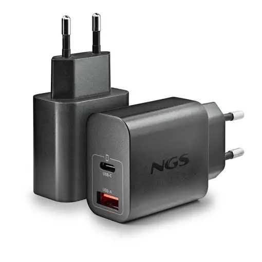 NGS ERA 30W BLACK: Cargador GaN de pared universal de 30W. Puertos: USB-C+USB-A.