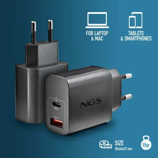 NGS ERA 30W BLACK: Cargador GaN de pared universal de 30W. Puertos: USB-C+USB-A.