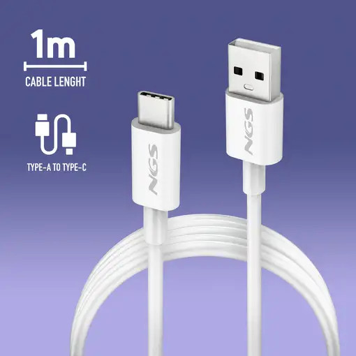 NGS ZYRO-AC WHITE:  Cable de carga USB-A a USB-C. 1m de largo. Potencia:15W.