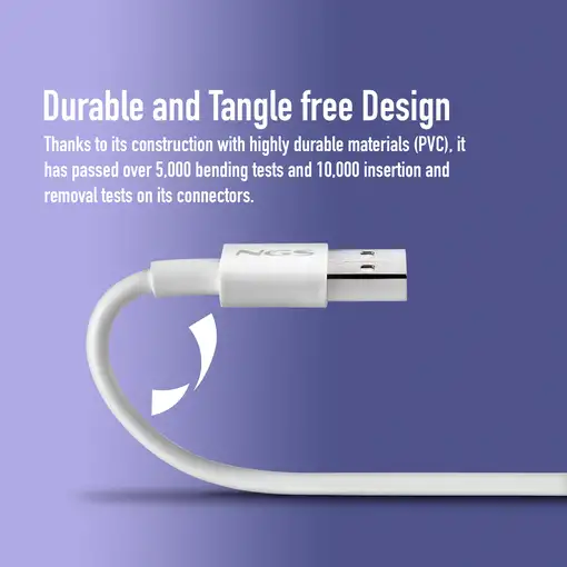 NGS ZYRO-AC WHITE:  Cable de carga USB-A a USB-C. 1m de largo. Potencia:15W.