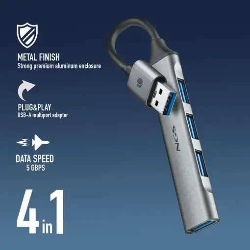 NGS IHUB4 MICRO: Hub de 4 puertos USB :1 x USB 3.2 Gen1 y 3 x USB 2.0. Aluminio.