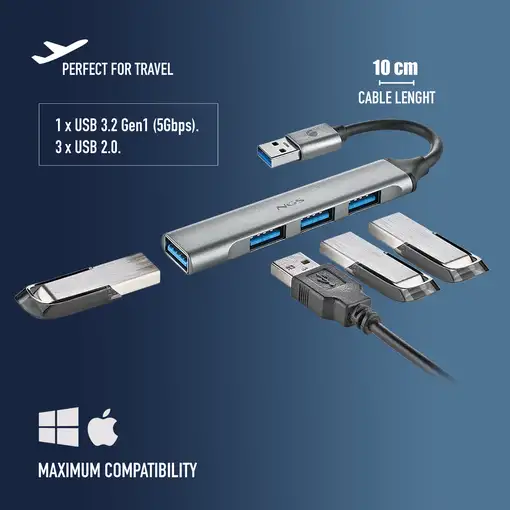 NGS IHUB4 MICRO: Hub de 4 puertos USB :1 x USB 3.2 Gen1 y 3 x USB 2.0. Aluminio.