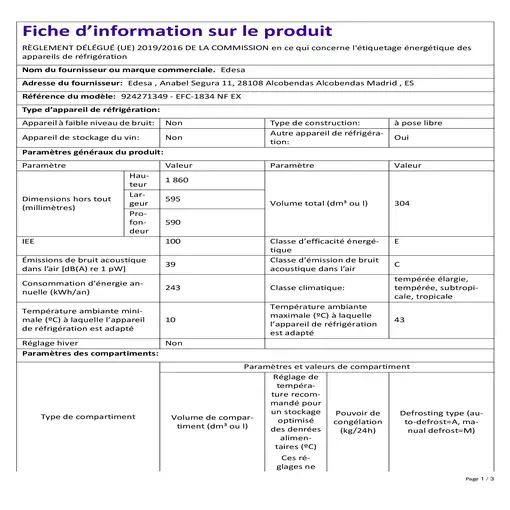 Nevera y congelador Independiente 304 L Acero inoxidable 924271349 EDESA