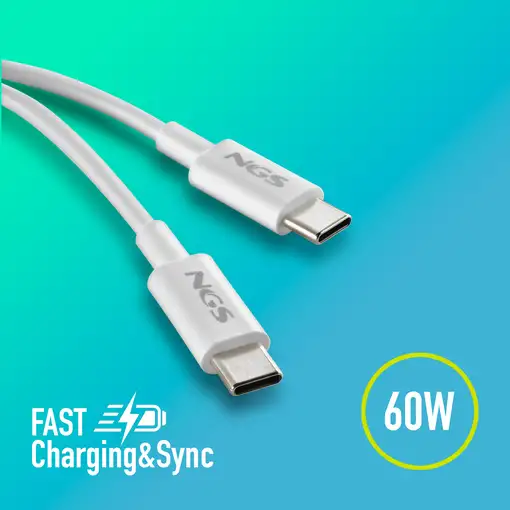 NGS ZYRO 60W-1 WHITE: Cable de Carga Rápida de USB C a USB C de 1m de longitud.