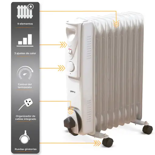 Yoevu-Radiador de aceite bajo consumo 9 elementos, 2000W, 3 potencias