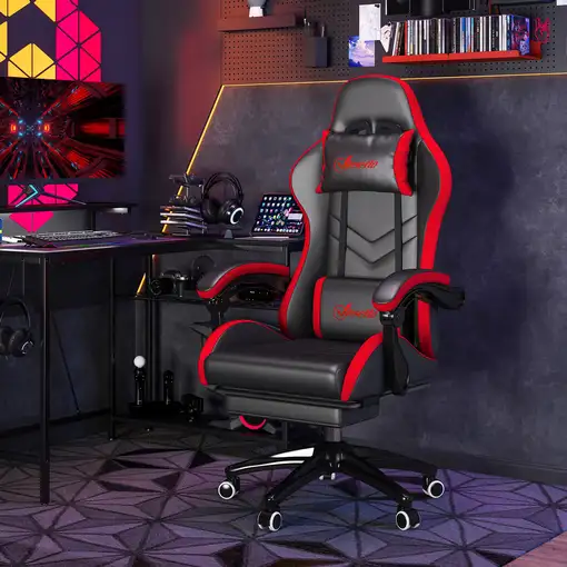 Silla Gaming de Cuero PU Reclinable 135° Altura Ajustable Negro y Rojo Vinsetto