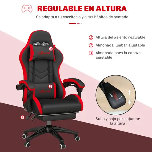 Silla Gaming de Cuero PU Reclinable 135° Altura Ajustable Negro y Rojo Vinsetto
