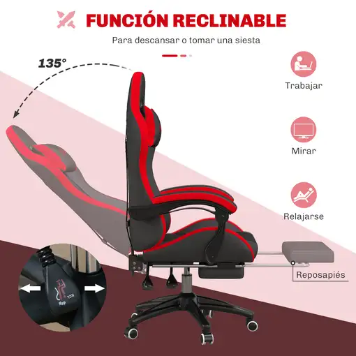 Silla Gaming de Cuero PU Reclinable 135° Altura Ajustable Negro y Rojo Vinsetto