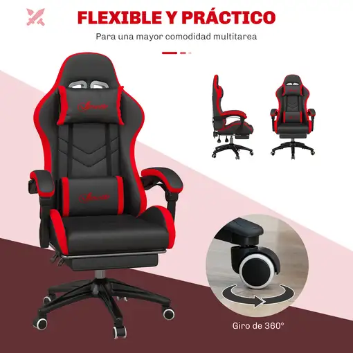 Silla Gaming de Cuero PU Reclinable 135° Altura Ajustable Negro y Rojo Vinsetto