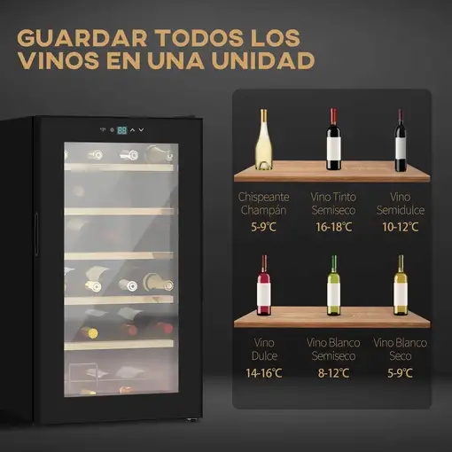 Nevera Vinos 24 Botellas 65L con Luz LED Interior Pantalla Táctil Negro HOMCOM