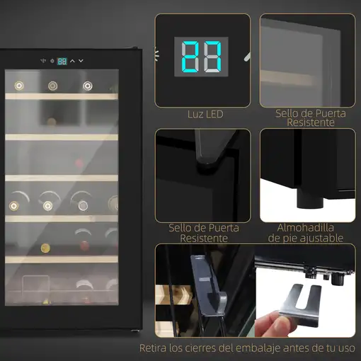 Nevera Vinos 24 Botellas 65L con Luz LED Interior Pantalla Táctil Negro HOMCOM