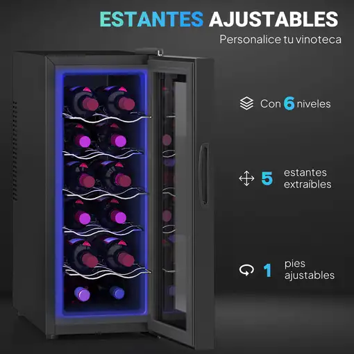 Vinoteca 12 Botellas Temperatura Ajustable 8-18℃ Negro HOMCOM