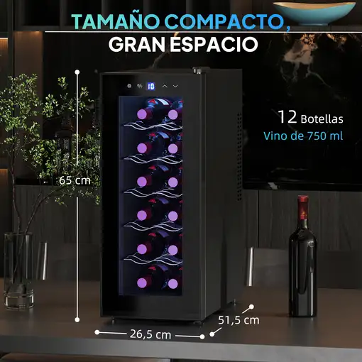 Vinoteca 12 Botellas Temperatura Ajustable 8-18℃ Negro HOMCOM