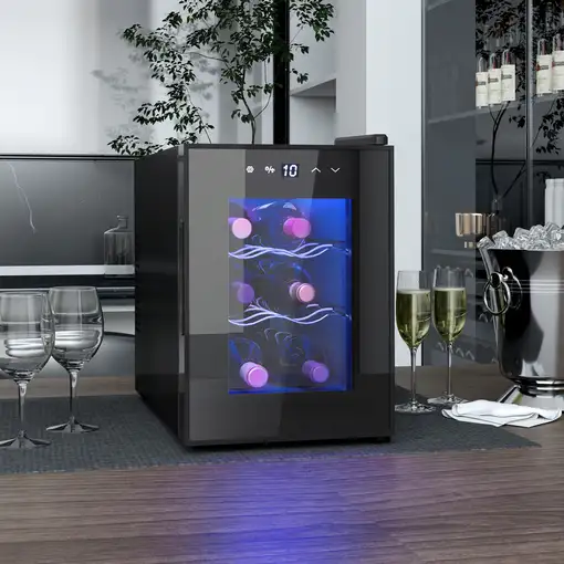 Nevera Vinos con Luz LED Interior Temperatura Regulable y Estantes Negro HOMCOM