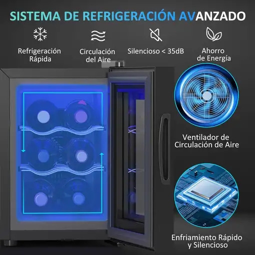 Nevera Vinos con Luz LED Interior Temperatura Regulable y Estantes Negro HOMCOM