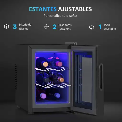 Nevera Vinos con Luz LED Interior Temperatura Regulable y Estantes Negro HOMCOM