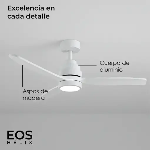Yoevu Helix Blanco-Ventilador techo con wifi con luz, 6 velocidades, aspa madera