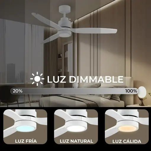 Yoevu Helix Blanco-Ventilador techo con wifi con luz, 6 velocidades, aspa madera