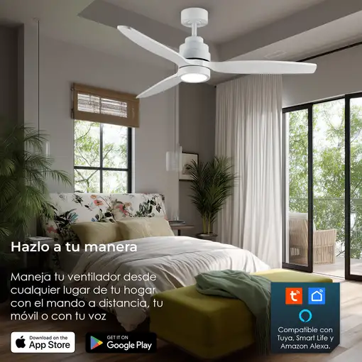 Yoevu Helix Blanco-Ventilador techo con wifi con luz, 6 velocidades, aspa madera
