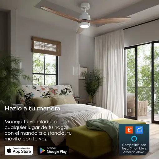 Yoevu Helix Haya-Ventilador de techo con wifi con luz, 6 velocidades, aspa madera