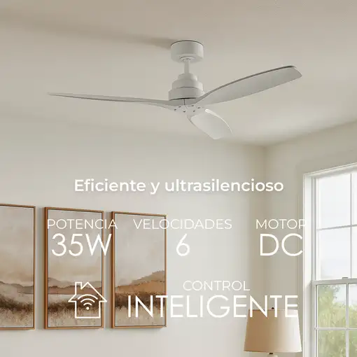 Yoevu Helix Blanco-Ventilador techo con wifi sin luz, 6 velocidades, aspa madera